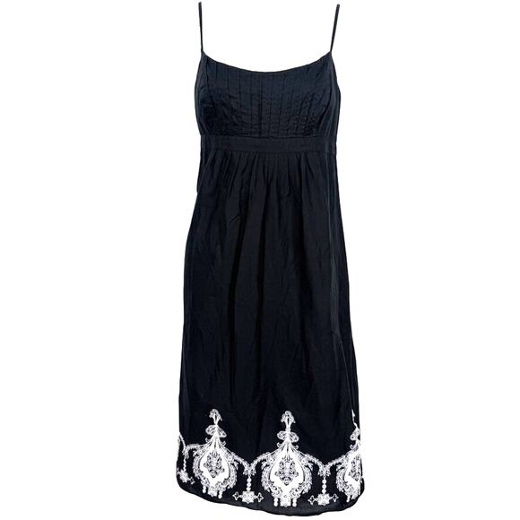 Ann Taylor Loft Petite Babydoll Empire Y2K Black Cotton Dress Embroidered sz 6P - Picture 1 of 16
